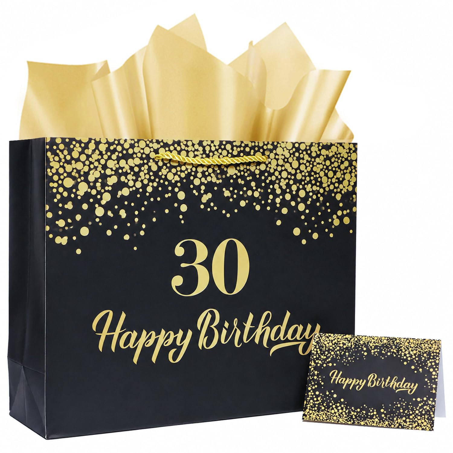Black 13.3' Large 30th Birthday Gift Bag with Tissue Paper and Greeting Card for Men Women's Birthday Supplies (Black 30th)