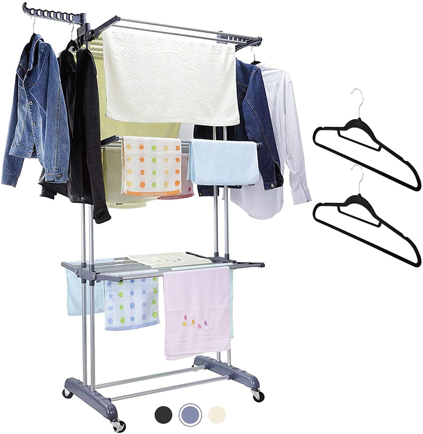 Clothes Drying Rack,3 Tier Rolling Dryer Clothes Hanger,Collapsible Garment  Laundry Rack with Foldable Wings and Casters Indoor/Outdoor,Large Standing