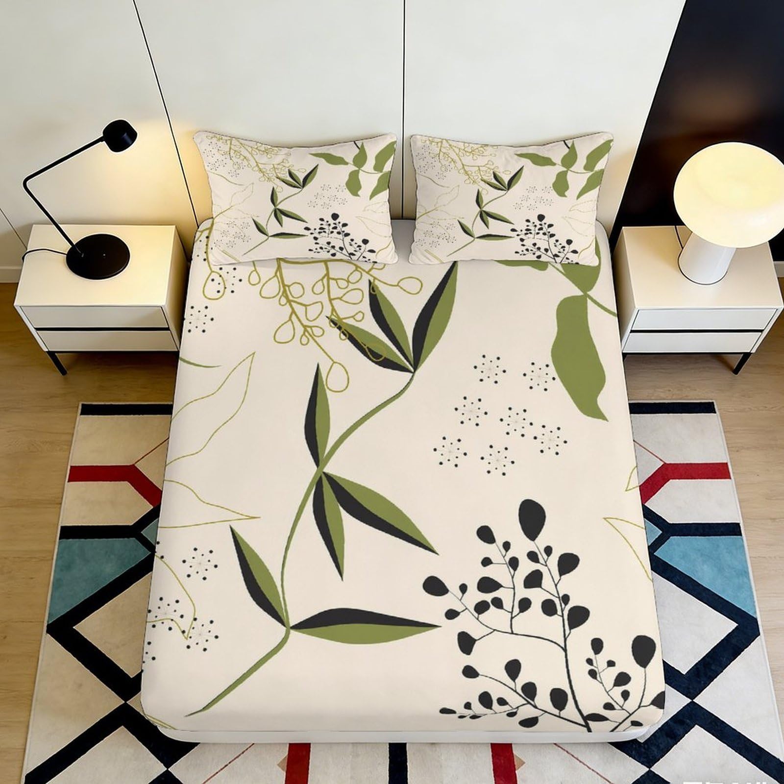 3D Printed Botanical Leaves Fitted Sheet Microfiber Soft Breathable Floral Branches Mattress Cover for Bedroom Dormitory Guest Room Mattress Protection Decor 140x200x25cm