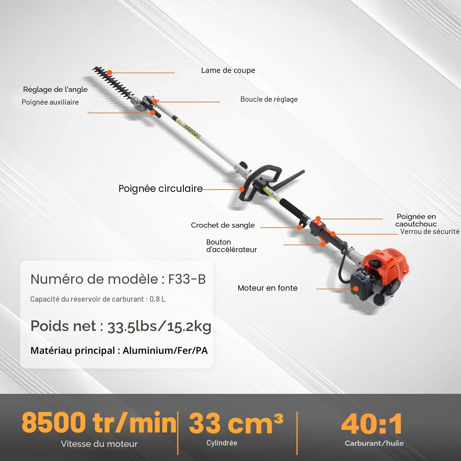 VEVOR Taille-haie à gaz 33 CC 6 en 1, Outils de Coupe Multifonctionnel, Moteur Deux Temps, scie à Perche, tronçonneuse avec rallonge