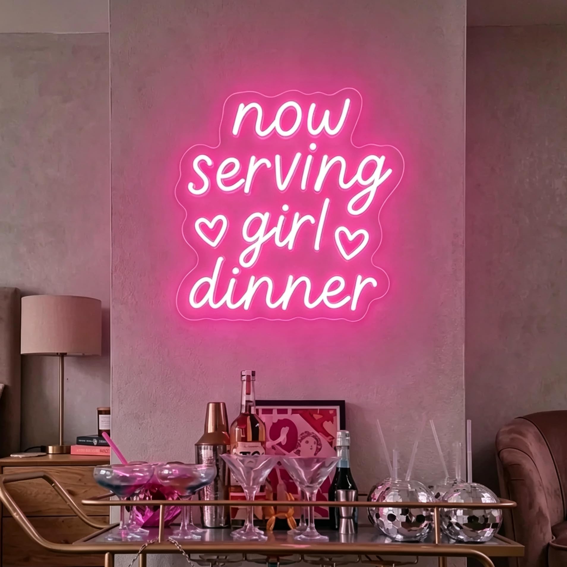 Neonowy znak 'Now Serving Girl' możliwość przyciemniania różowy LED neonowa lampa ścienna urocze serce akcent bar wózek dekoracja ścienna do baru domu, na wieczór panieński, dziewczęcy nocny