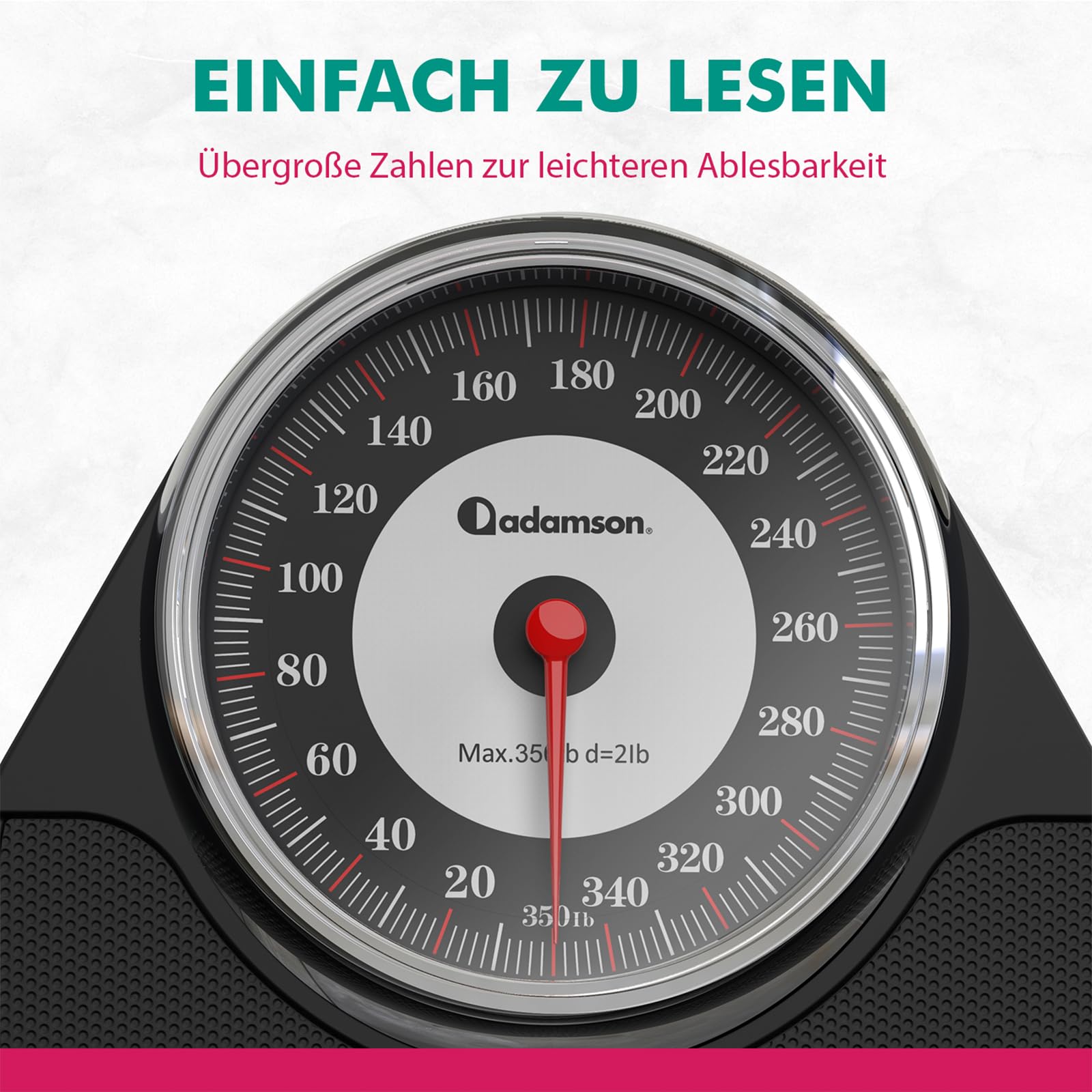 Adamson A24 Analogwaage - NEU - bis 350lbs, rutschfeste Gummioberfläche, extra große Ziffern, hochpräzise Personenwaage Analog, langlebig, 20-Jahre Support für Haushalt, Schlafzimmer, Bad - Schwarz
