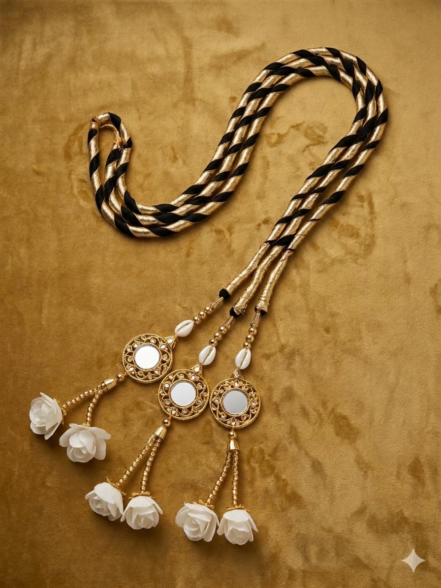 Rose Paranda with Mirror and Golden Gotta, Traditional Hair Accessory, White Floral with Black and Gold Braided Cord-image-7