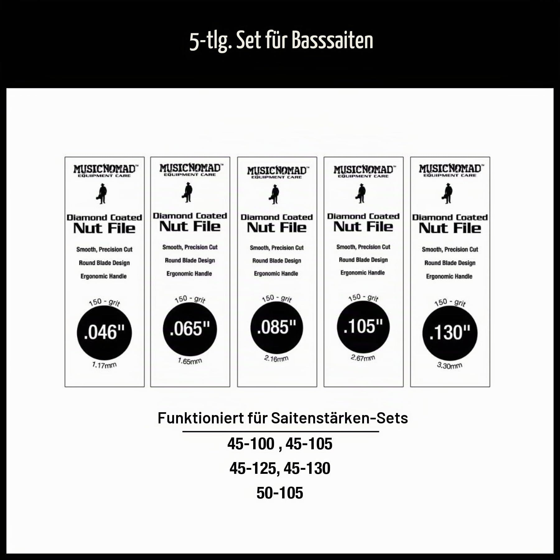 MusicNomad MN673-5-teiliges Set diamantbesetzte Sattelkerbenfeilen für Bassgitarre, mit Aufbewahrungsbox