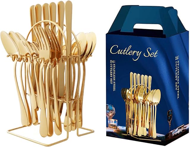 Cutlery Set with Stand, 24 Piece Gold Stainless Steel Flatware Set - Dinner Knives, Forks, Spoons and Tea Spoons, Silver Cutlery Holder Service for 6, Easy Clean & Dishwasher Safe