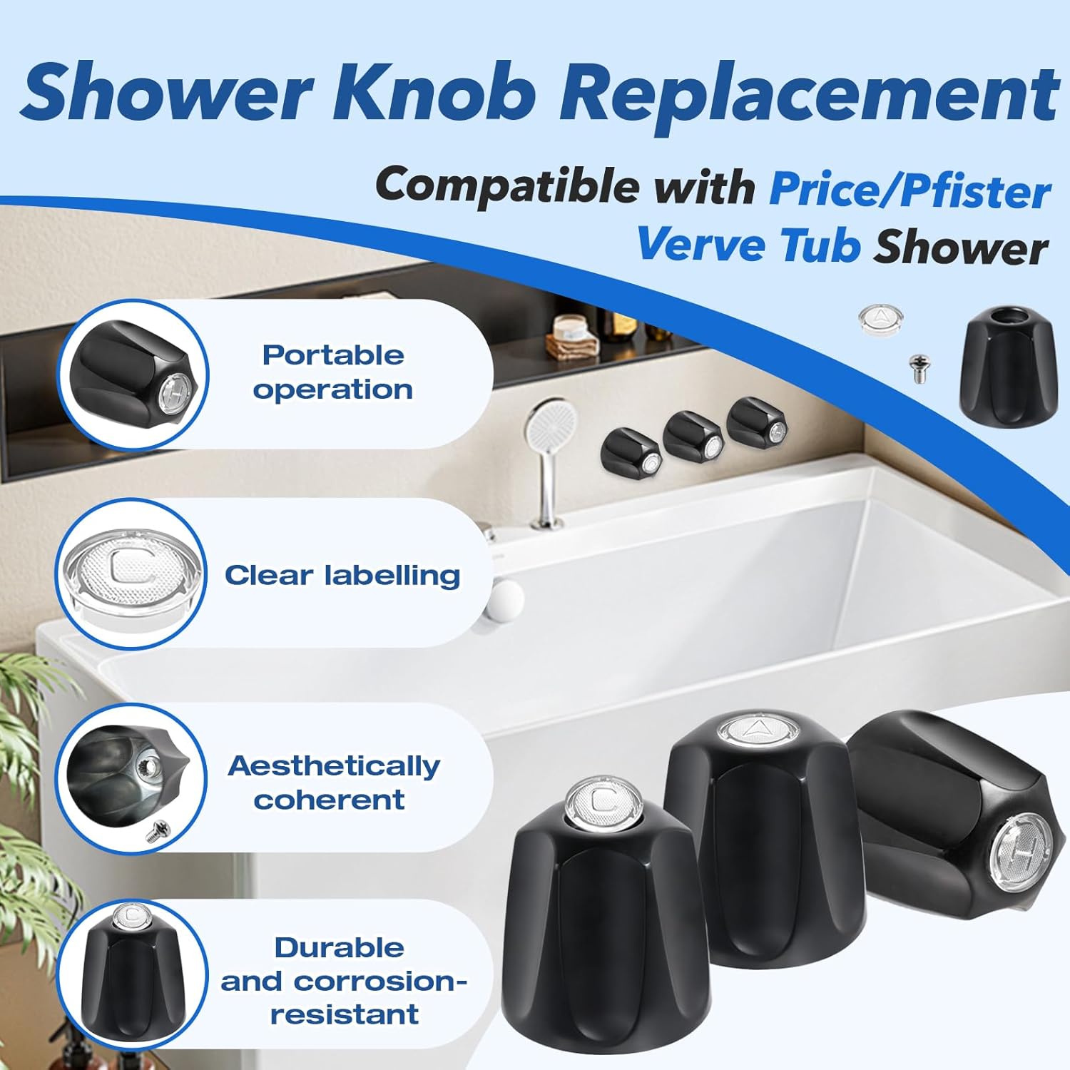 3-Pack Matte Black Shower Knob Replacement Compatible with Price Pfister Verve, Bathtub Shower Systems - Includes Bathtub Faucet Handle Trim, Hot/Cold/Diverter Knobs & 3 Screws