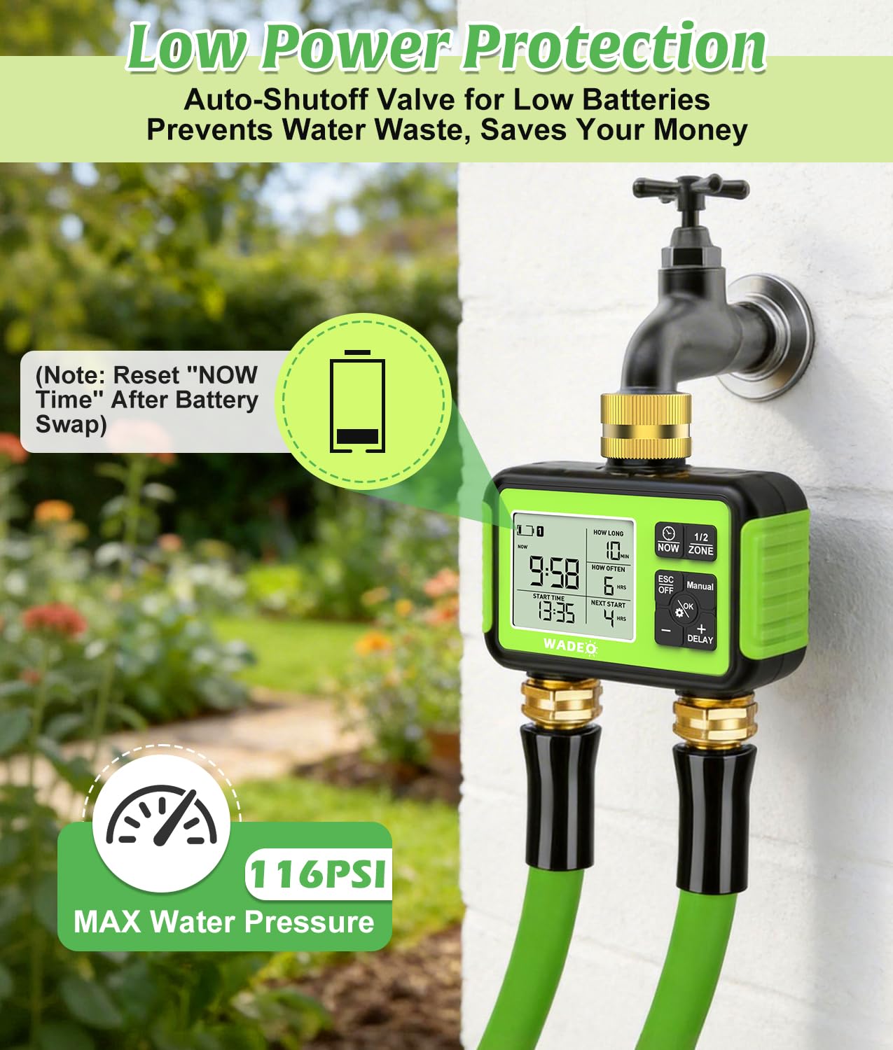 Timer irrigatore con uscita di ingresso in ottone per tubo da giardino, timer per tubo dell'acqua da esterno a 2 zone con ritardo della pioggia/auto/manuale/blocco bambini, controller di irrigazione a