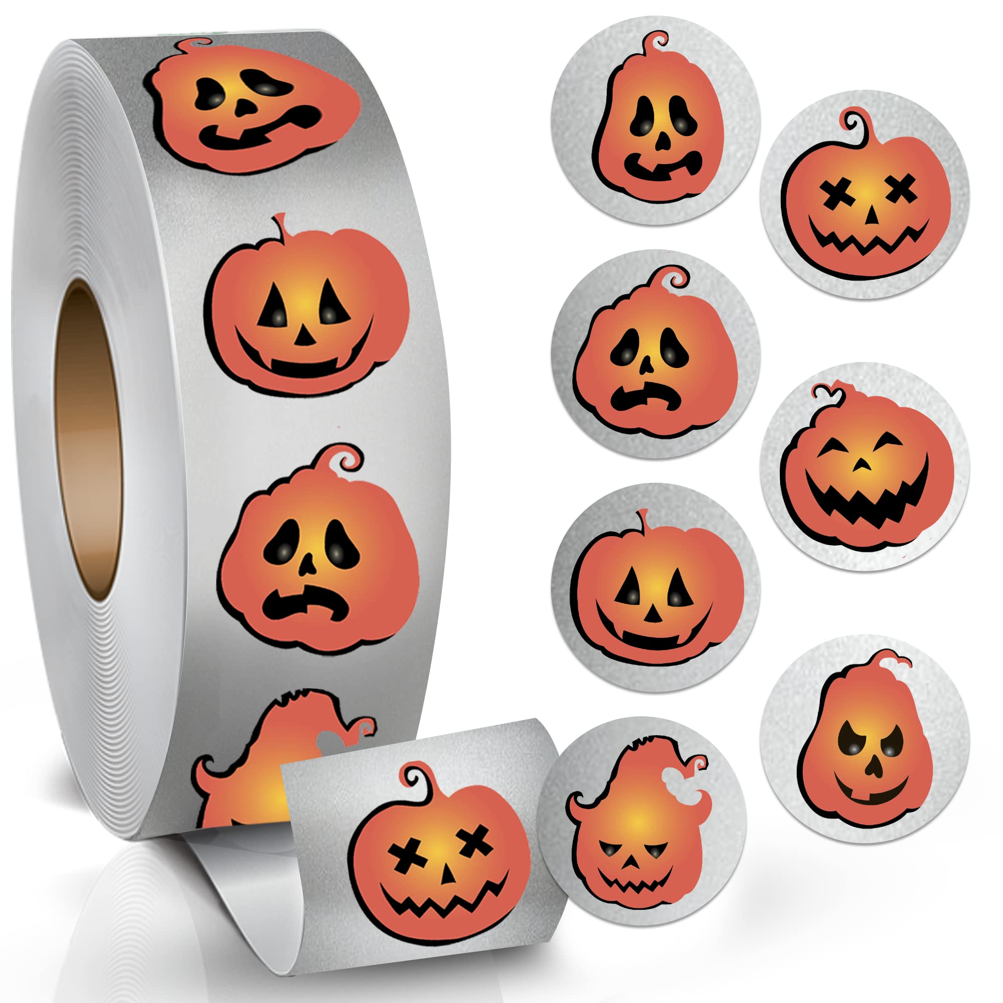 Halloween Round Stickers with 7 Different Pumpkin Faces for Gifts - Metallized Halloween Stickers for Kids and Adults - 250 PCS Roll