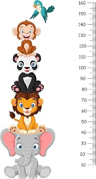 Çocuk Odası Boy Ölçer Duvar Çıkartması, Sevimli Hayvanlar Temalı, Fil Panda Maymun Aslan Kuş Desenli, 160 cm