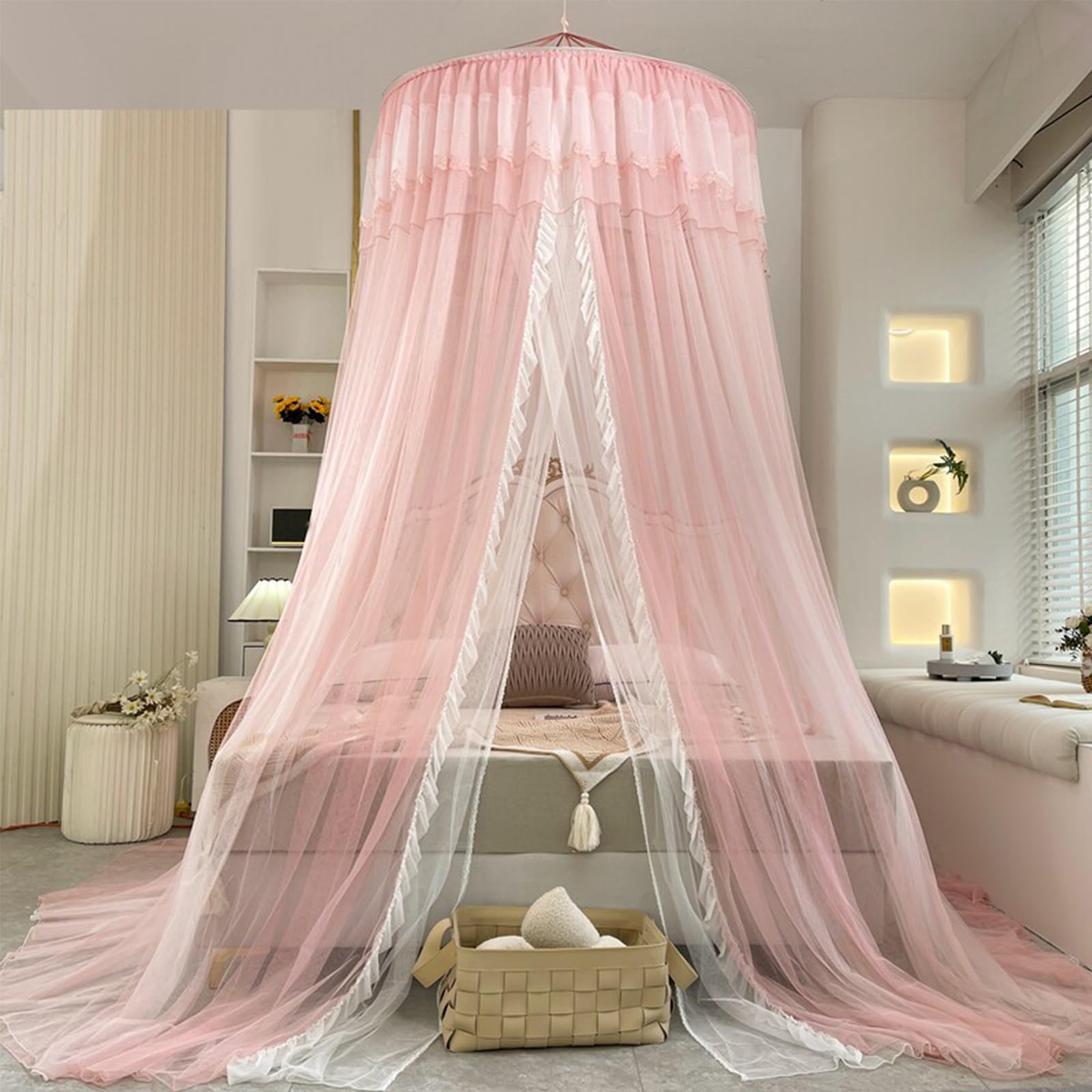 SARKEY Transparenter Netz Kuppel Bettvorhang,Hängende Bettnetzabdeckung Für Schlafzimmer,Prinzessinnen Baldachin,luxuriöse Spitze,Erwachsene,Hochzeit Dekoration(Lotus Root pink)
