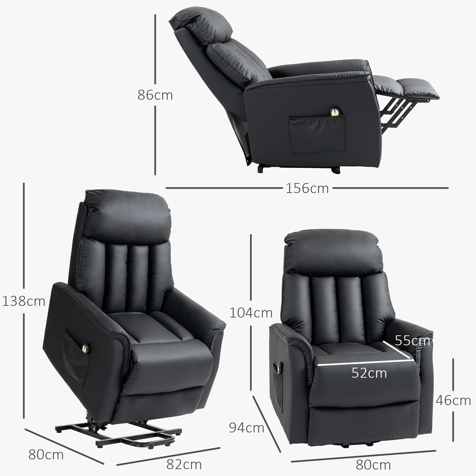 HOMCOM Relaxsessel Elektrisch Fernsehsessel mit Aufstehhilfe, Liegefunktion, TV Sessel mit Fußteil, Seitentasche, Fernbedienung, für Wohnzimmer, bis 150 kg, Kunstleder, Schwarz