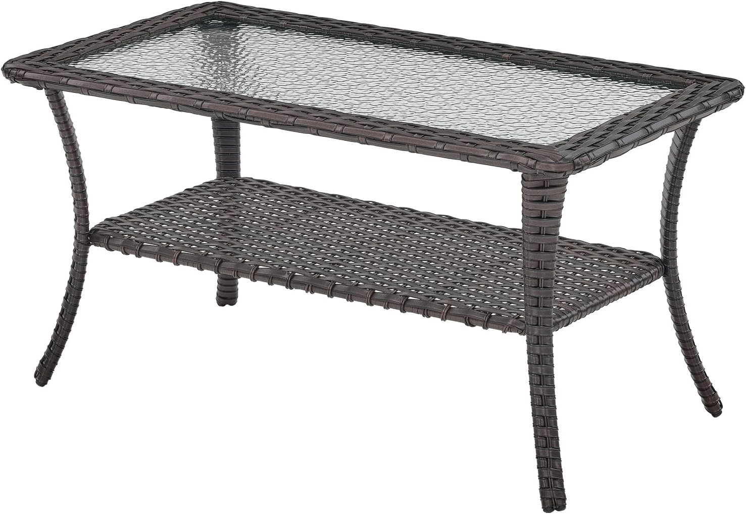 Patio Coffee Table Wicker Table Outdoor PE Rattan Glass Top Table with Storage Shelf Rectangle Patio Outdoor Coffee Table for Patio Garden Balcony Porch Deck Poolside, Brown