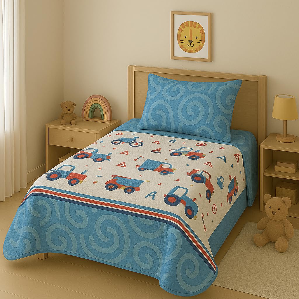 DECASATEXTIL - Colcha Infantil para Cama de 90 - Diversos Diseños para los Más Peques - Encanto y Fantasía en la Cama Infantil - 100% Microfibra (Cama 90/105cm- 180x265cm, Camiones)