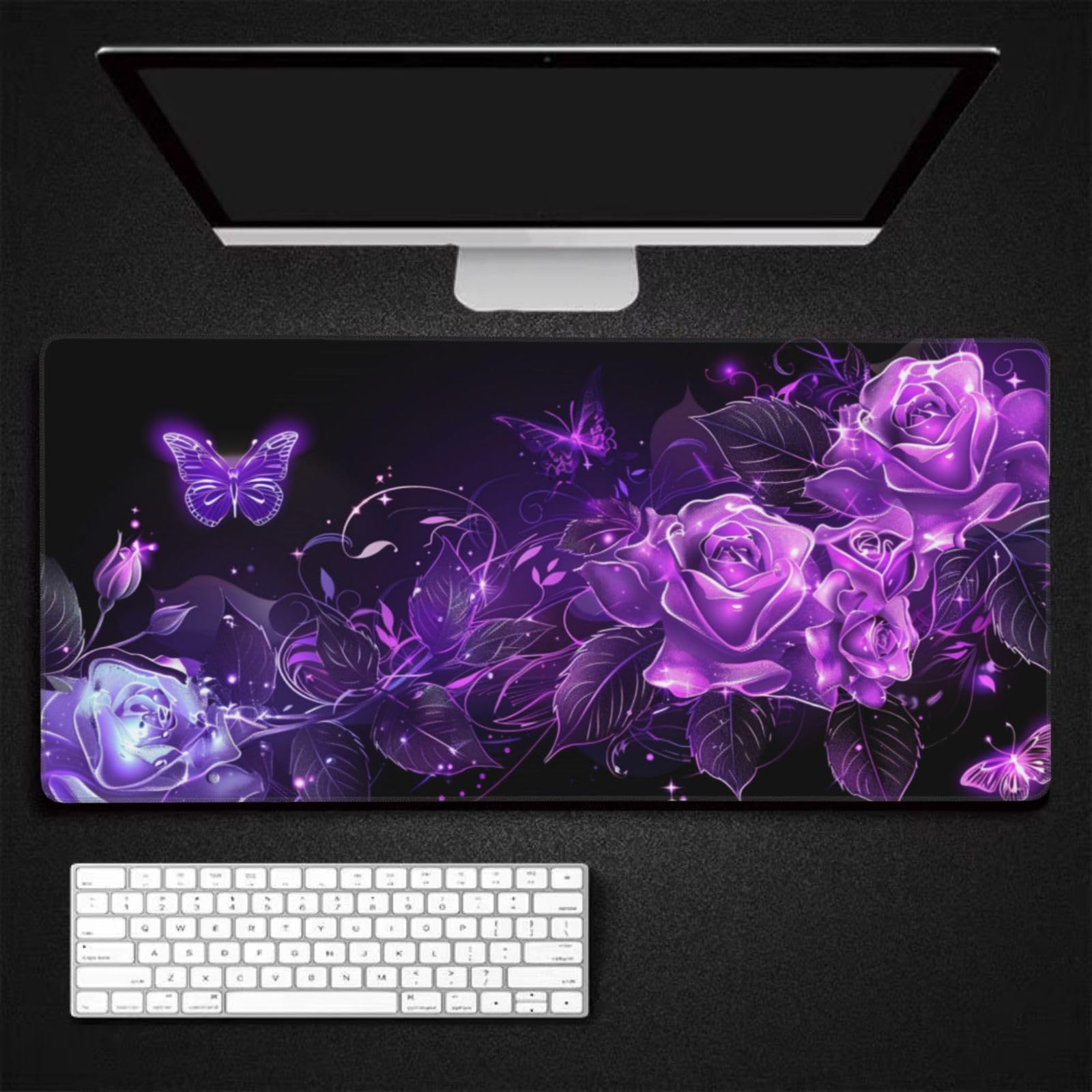 Tappetino Mouse XXL Fiore & Viola, 100 x 50 cm Tappetino da Scrivania G450 | Tappetino per Mouse, Base in Gomma Antiscivolo, Superficie Impermeabile, Bordi Cuciti, Tappetino Scrivania per Ufficio, Gioco