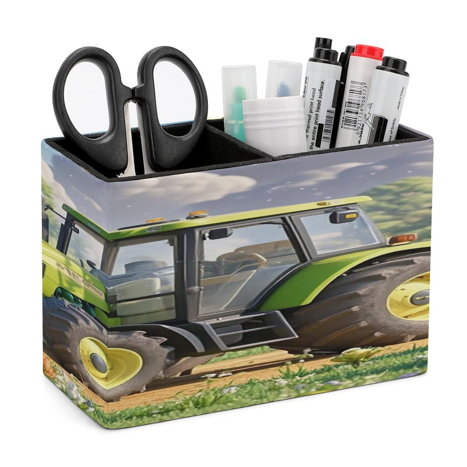 LZQPOEAS Tractor Farm Leather Pen Holder with 2 Compartments Luxury Pencil Holder Minimalist Pencil Cup Brush Scissor Holders Elegant Pen Cup for Office Home Desk Accessories