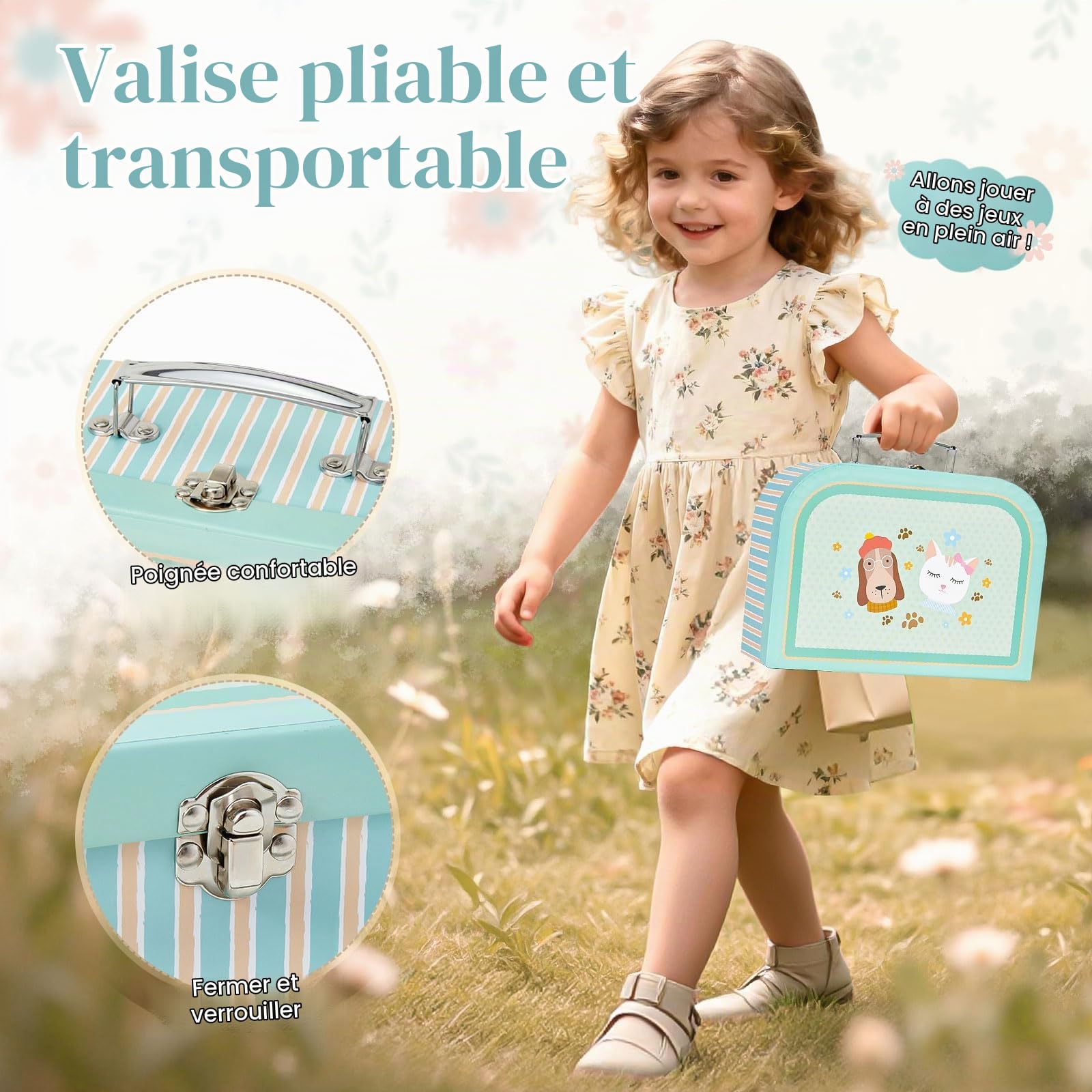 Maison de Poupée Valise Portable avec Accessoires, Mini Maison DIY avec Chat et Chien en Peluche, Meubles en Bois, Jeu d’Imitation, Idée Cadeau Anniversaire Noël pour Enfants Fille Garçon dès 3 Ans