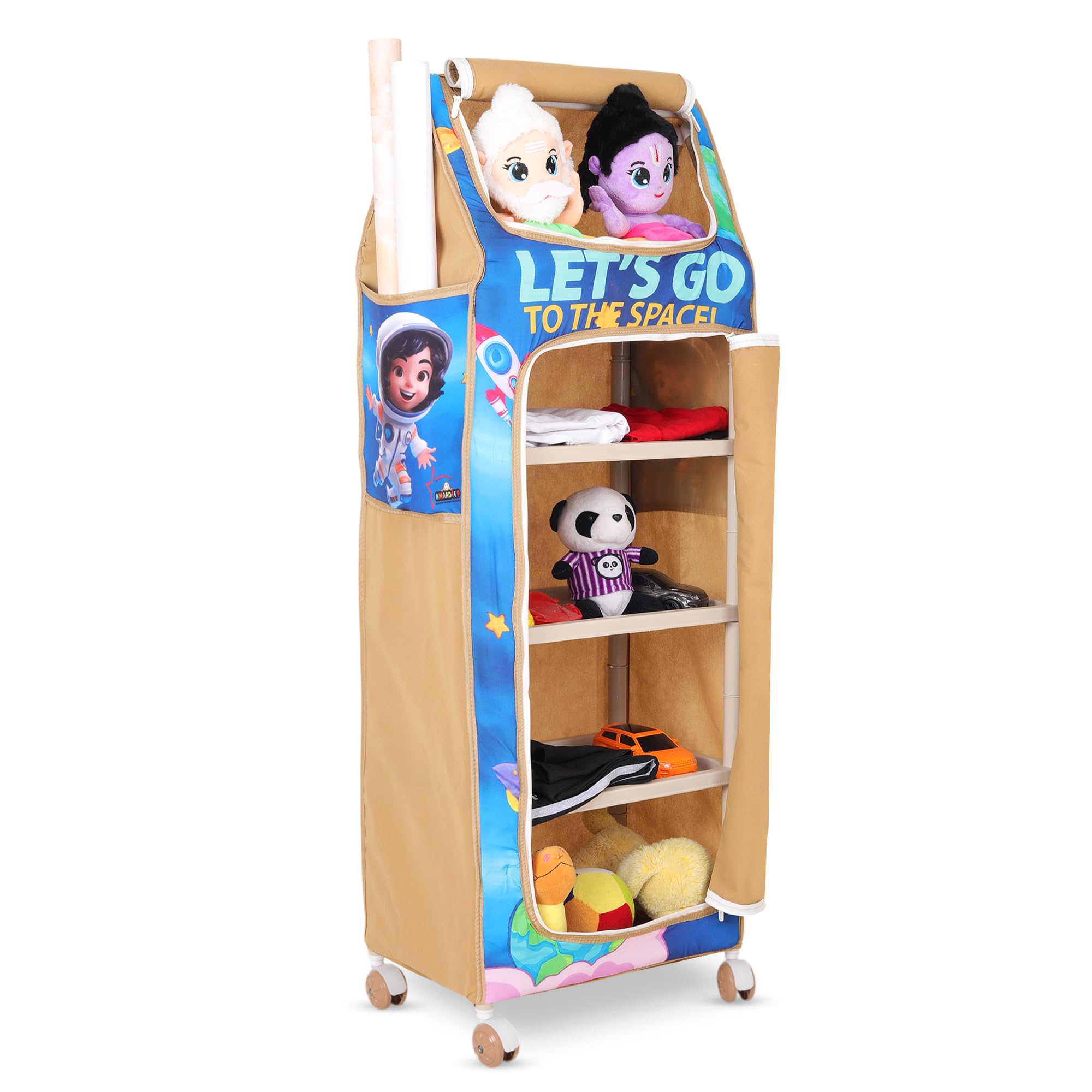 AMARDEEP Baby Folding Almirah with 5 Trays | Portable Wardrobe for Kids | Cloth Organizer with Wheels | Cartoon Print Storage Cabinet | Multipurpose Kids Almirah for Baby Clothes & Toys - Image 7 thumbnail