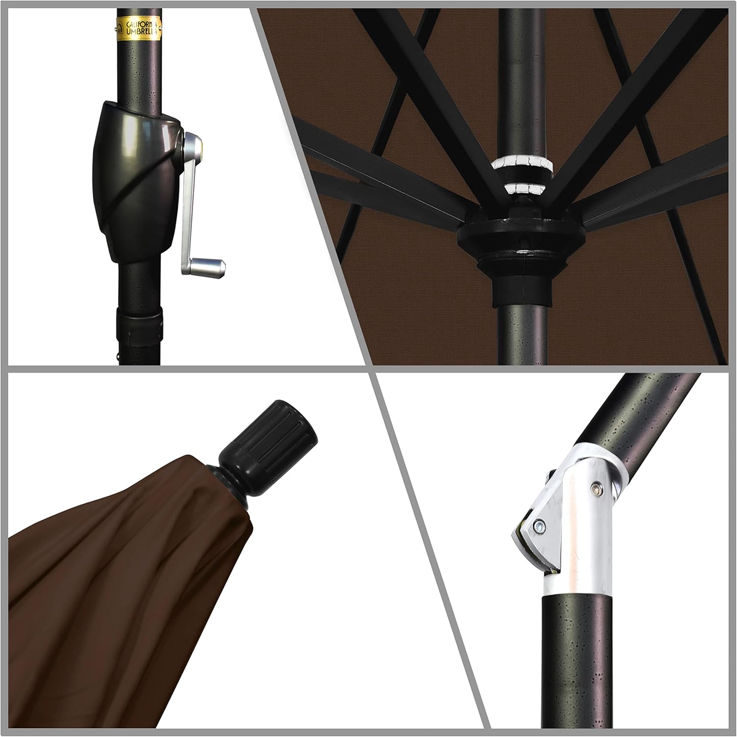 California Umbrella 7.5' Round Aluminum Market Umbrella, Crank Lift, Push Button Tilt, Black Pole, Pacifica Mocha