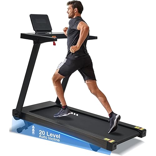 Foldable Treadmill with Auto Incline - 4 Hp 18.9 Inch Wide Treadmills for Home Seniors, 400 Lb Capacity, Backlit Knob Led Display, Shock Absorbent, Bluetooth App and Speaker, 12 Mph Speed