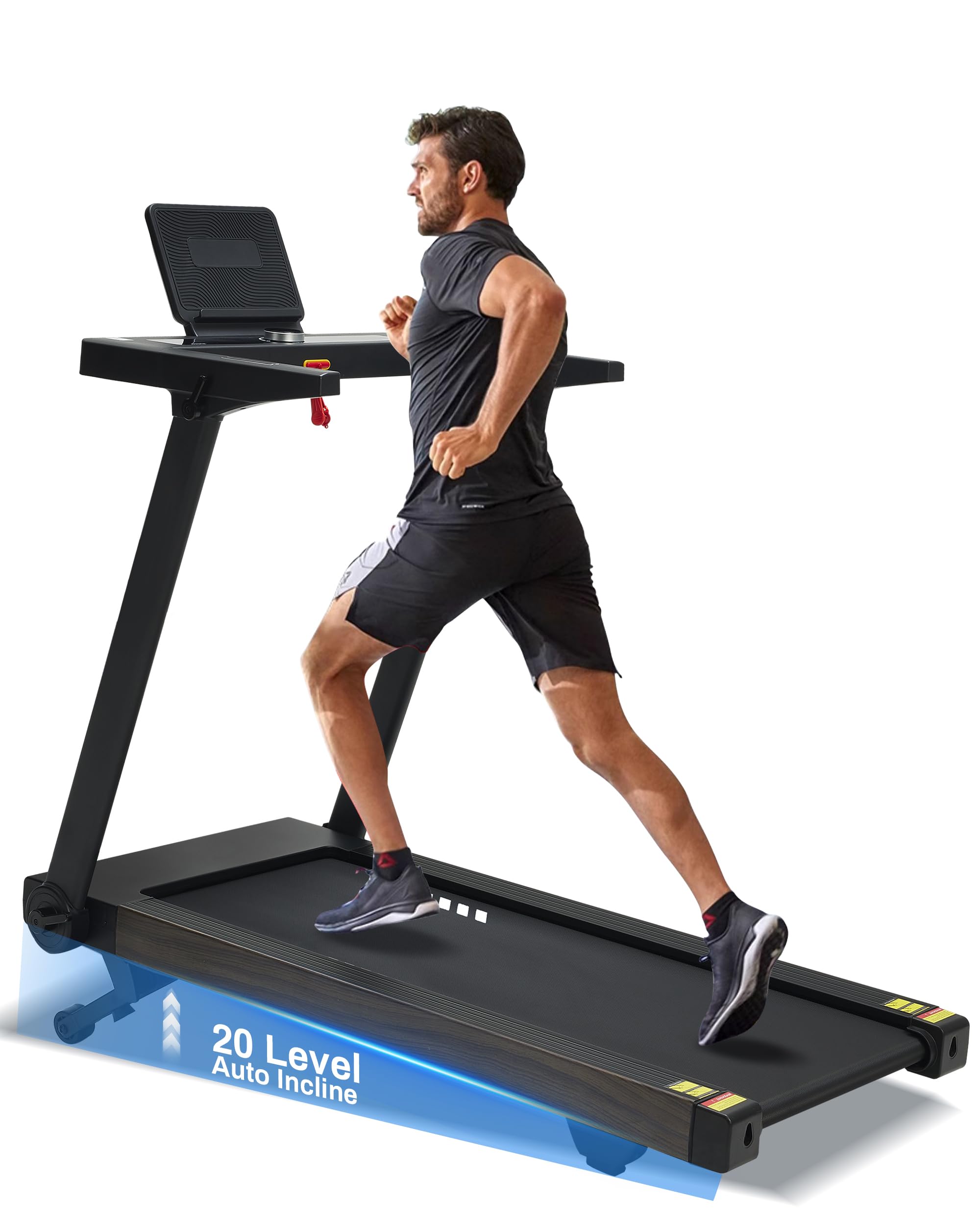 Foldable Treadmill with Auto Incline - 4 Hp 18.9 Inch Wide Treadmills for Home Seniors, 400 Lb Capacity, Backlit Knob Led Display, Shock Absorbent, Bluetooth App and Speaker, 12 Mph Speed