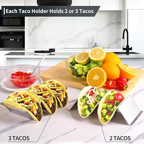 Miniatura 5 de Juego de 6 soportes para tacos de acero inoxidable, cada soporte de metal para 3 tacos - Estante para tacos con asas - Elegantes soportes para tacos