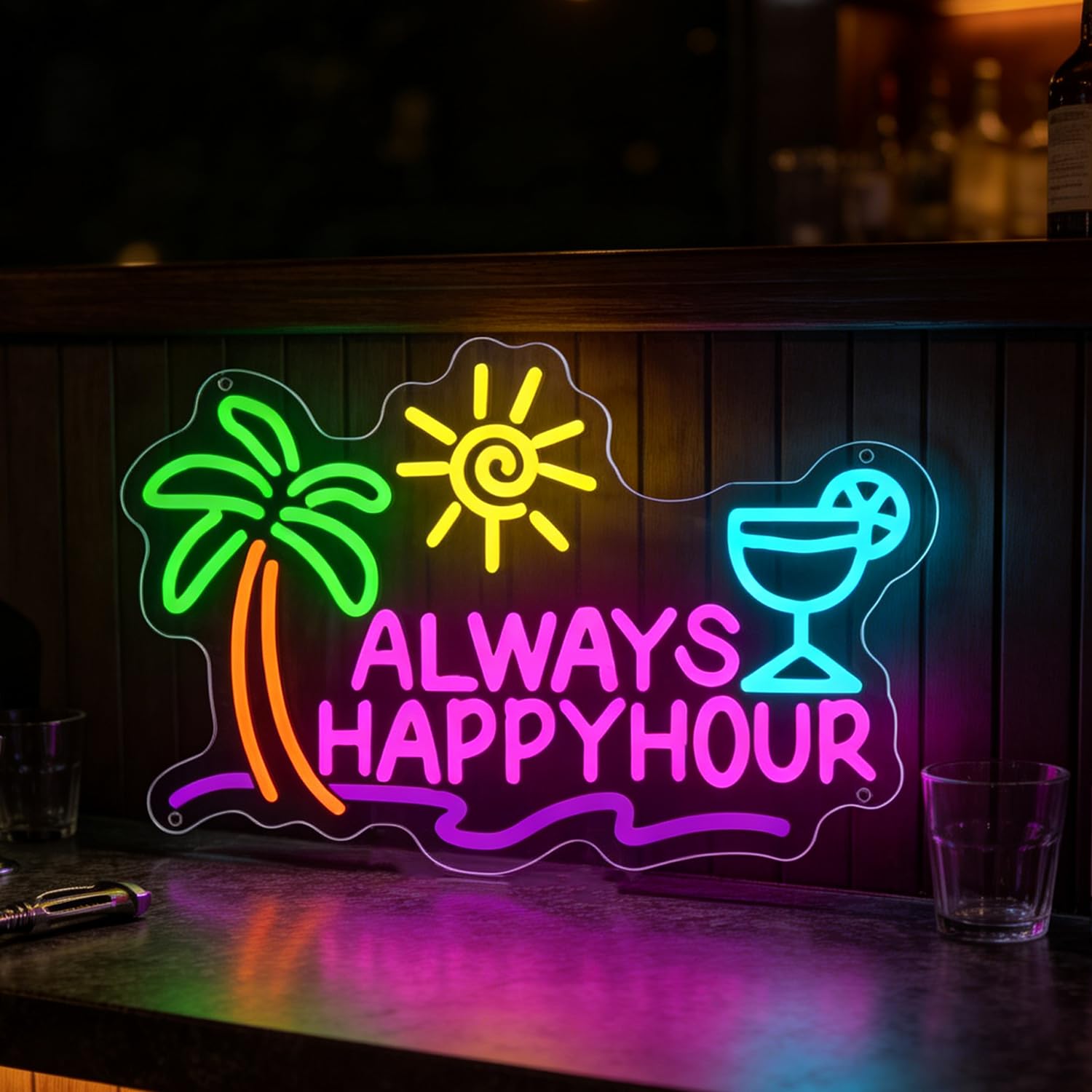 Always Happy Hour Neon Sign LED Neon Bar Sign Light Up for Wall Decor, Dimmable USB Powered Neon Light for Bedroom Bar Club Pub Man Cave Restaurant Party Decorations 12.59”x15.35”