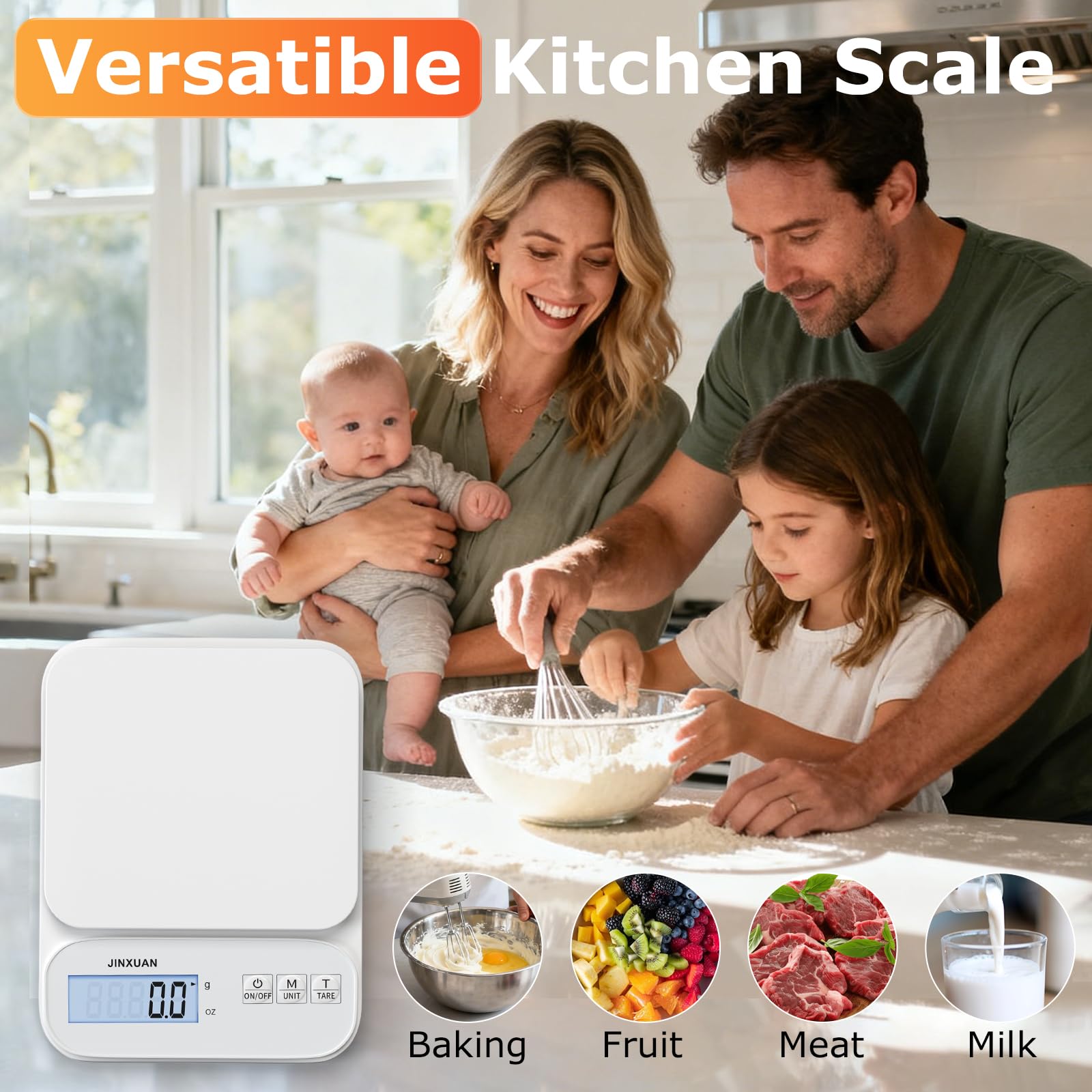 Küchenwaage, 5 kg/0,1 g, präzise wiederaufladbare digitale Waage, Gramm, Lebensmittelwaage für Küche, großes LCD-Display zum Backen, Kochen, Weiß