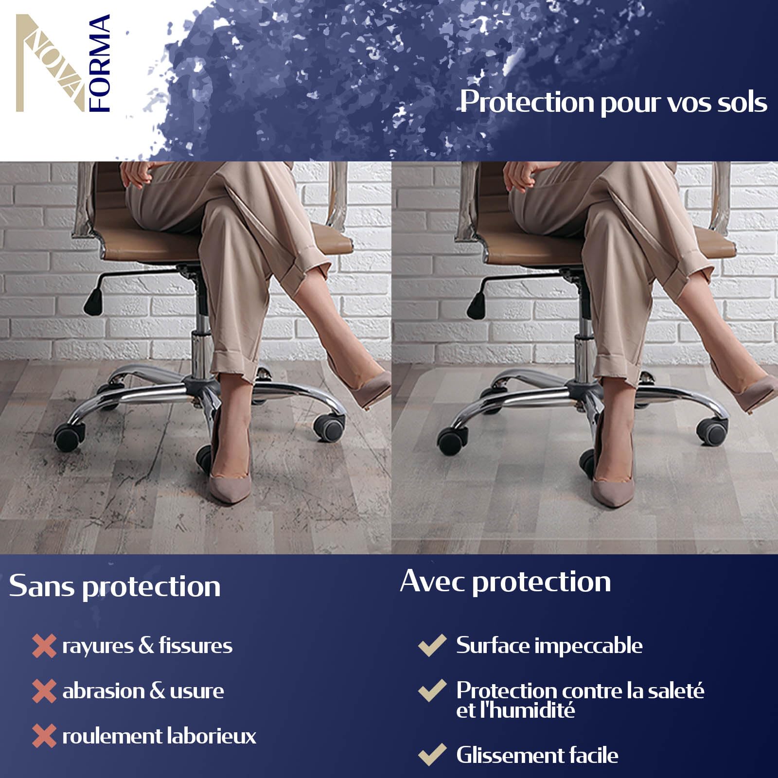 NOVA FORMA Dessous de Chaise DURA Mat en Polycarbonate - Tapis Transparent antidérapant pour sols durs (parquet, carrelage, etc.) - Protection de Sol Ergonomique - 100 x 120 cm, Transparent