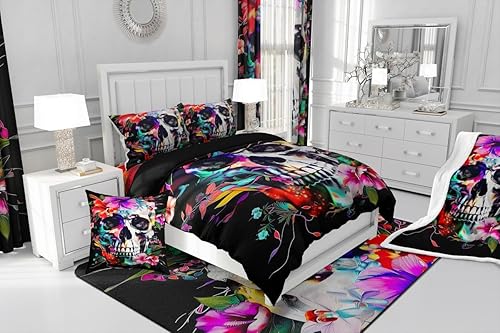 Miniatura 4 de Erosebridal Juego de ropa de cama con diseño de calavera de azúcar en 3D, diseño de calavera gótica, diseño floral y calaveras, suave y retro, para