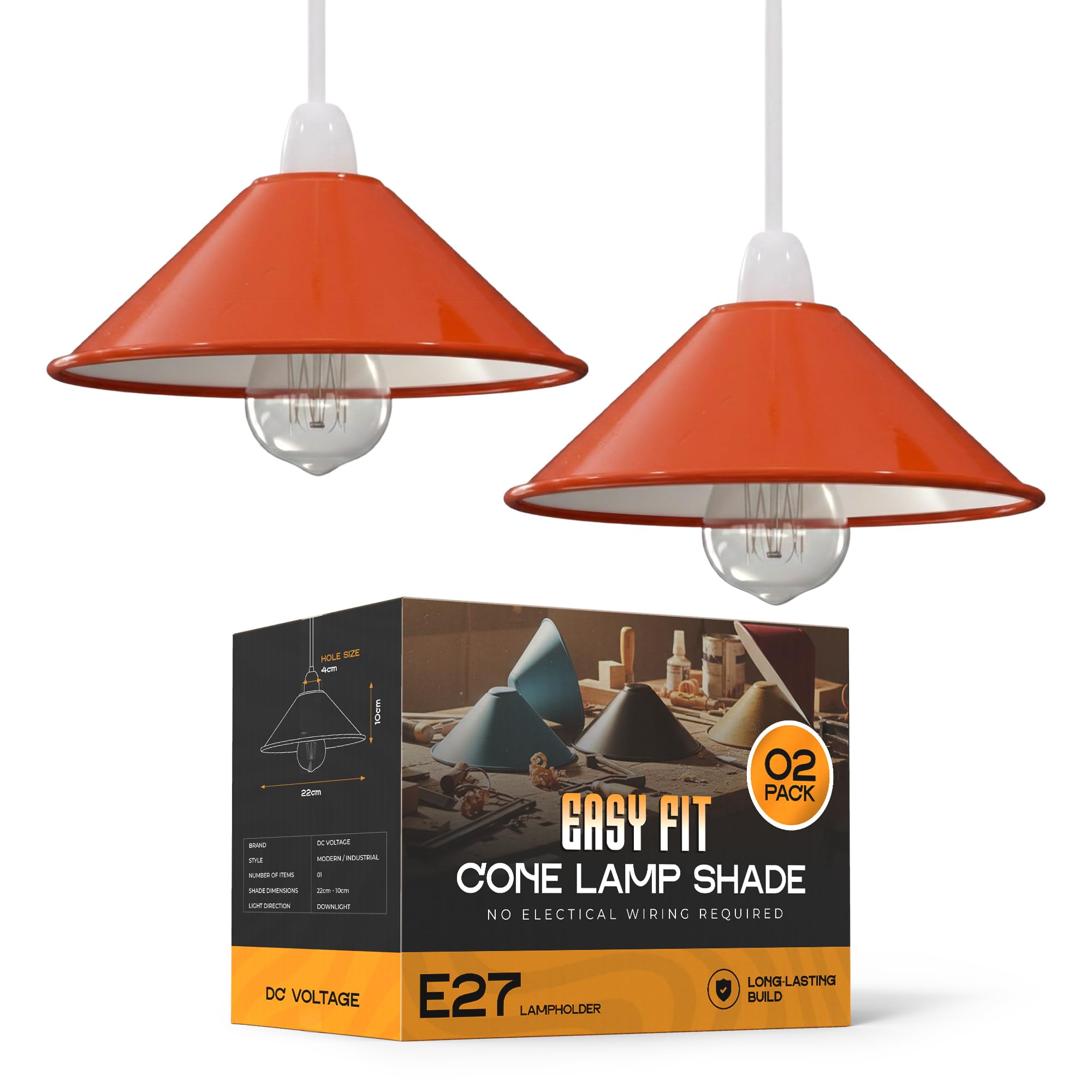 DC VOLTAGE Orange Metal Cone Lamp Shade Set of 2, 22cm Easy Fit Pendant Ceiling Shades with Reducer Plate, Vintage Retro Lampshades for Kitchen Island, Dining Room, Hallway, Bedroom, Cafe, E27 E14