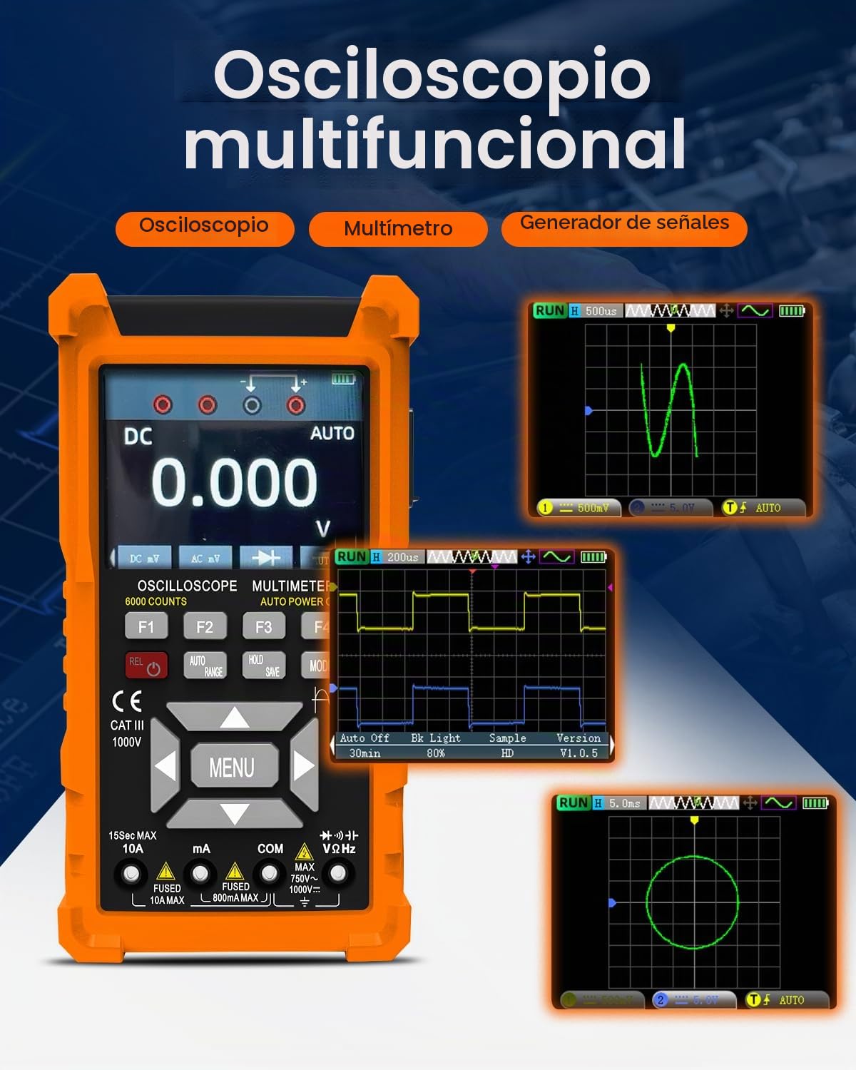 Osciloscopio multímetro, osciloscopio 3 en 1, 2 canales, ancho de banda de 50 MHz, 280 MSa/s, TRMS 6000 Count, generador de señal 13 formas de onda de señal, modo automático/normal/único para