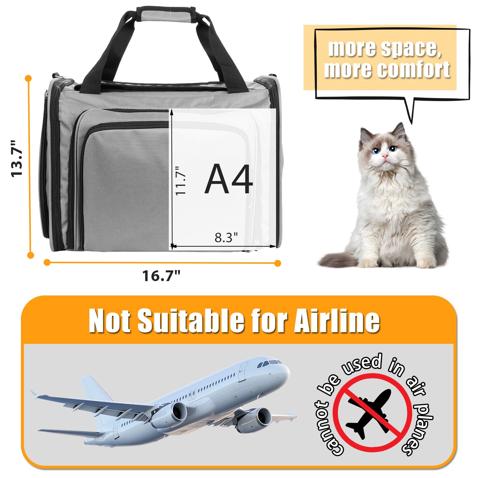 Cat Carrier with Litter Box, Collapsible Soft Sided Pet Carrier for Car Travel, Cat Travel Carrier with Locking Zippers, Expandable Cat Carrier with Food Bowl for Cats/Puppies up to 25 lbs, Grey - image 5