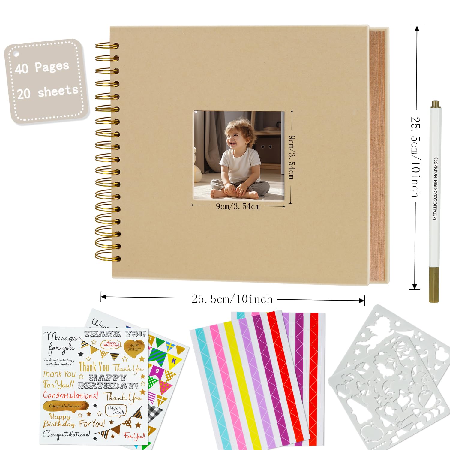 Miaikoe 25.5x25.5 cm DIY Scrapbook Album with Window Hardcover Kraft Blank Paper Scrap Book with 20 Sheets Photo Album for Guest Book Family Wedding Anniversary (Brown) - Image 4