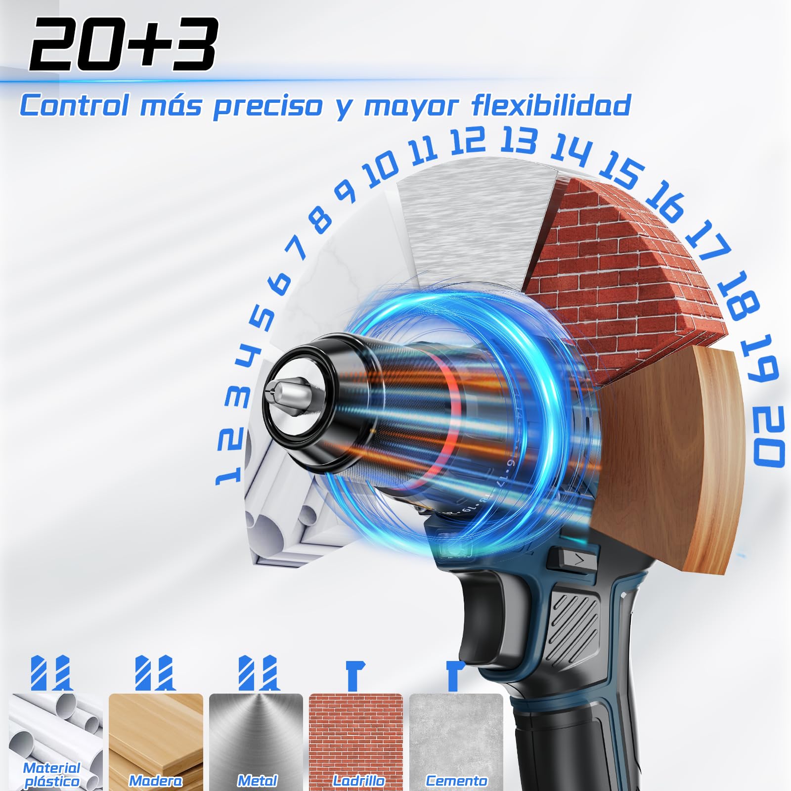 Taladro Percutor a Bateria 21V, Brushless Taladro atornillador batería con 4000mAh Baterías, 50 Nm, 20+3 posiciones de par (2 Velocidad y LED) Adecuado para bricolaje en casa y jardín