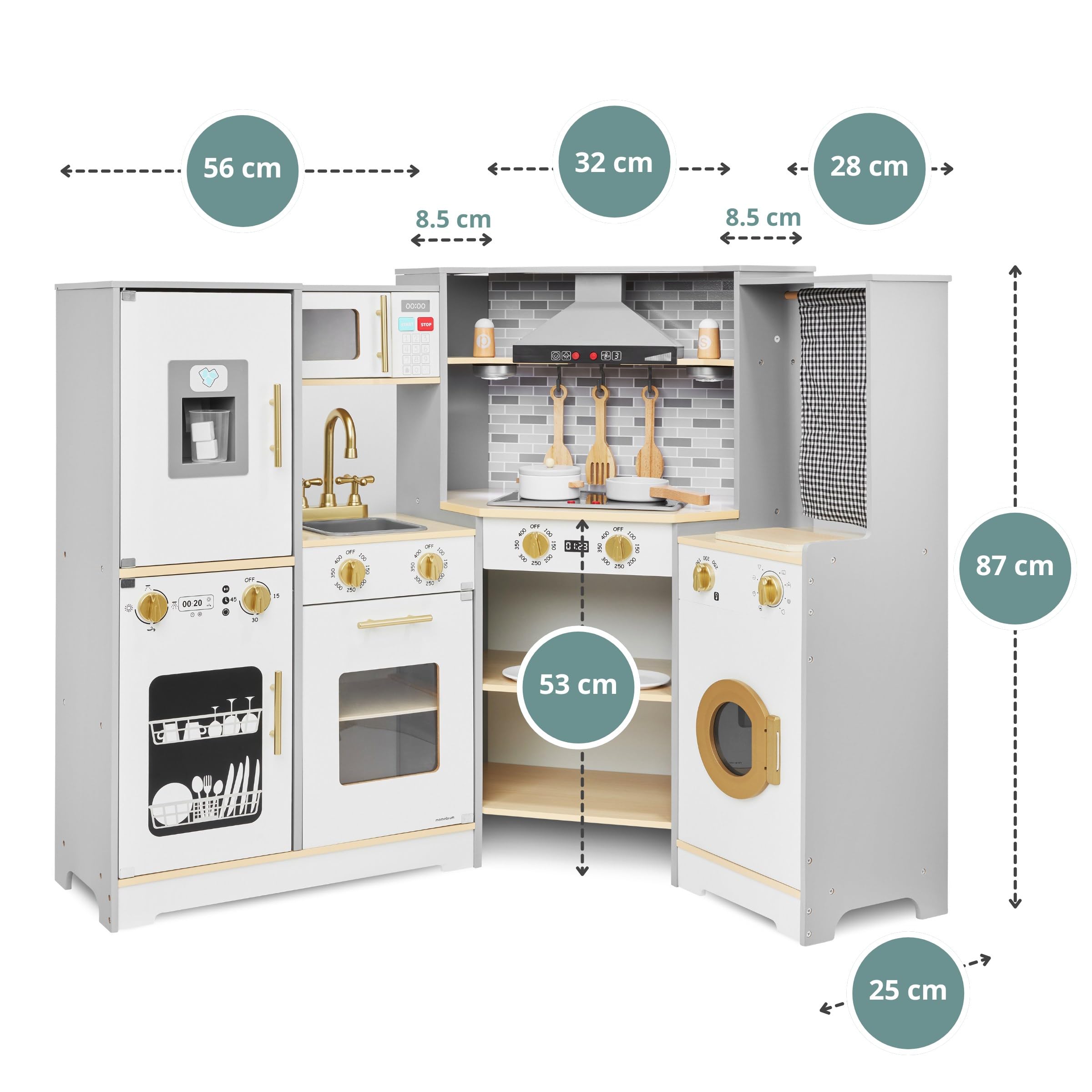 Mamabrum Cucina in legno per bambini 3+, grande, interattiva XXXL fornello interattivo con illuminazione a LED, set da cucina con lavatrice, forno, lavastoviglie, cappa e pentole