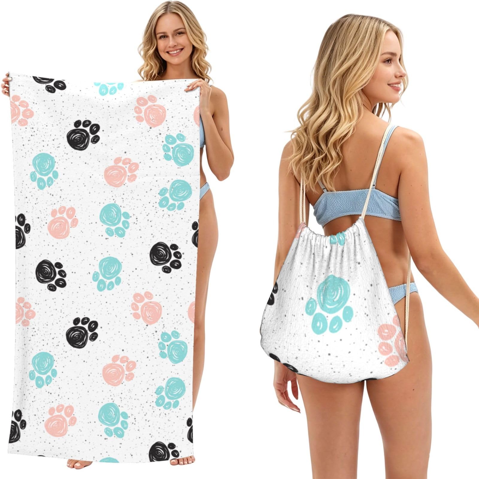Poadnly As Picture Dog Paw Print, 2 In 1 Packable Towel Bag, Beach Towels With Drawstring Backpack For Travel Holiday Camping