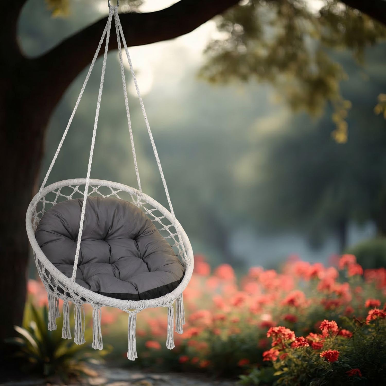 Green Blue GB243 GR Rundes Gartenkissen, 110 cm, für Storchennest, Kokon und Papasan-Sessel, grau, Dicke 13–15 cm, gesteppt, Füllung: Silikonkügelchen (Kokon ist Nicht im Lieferumfang enthalten)