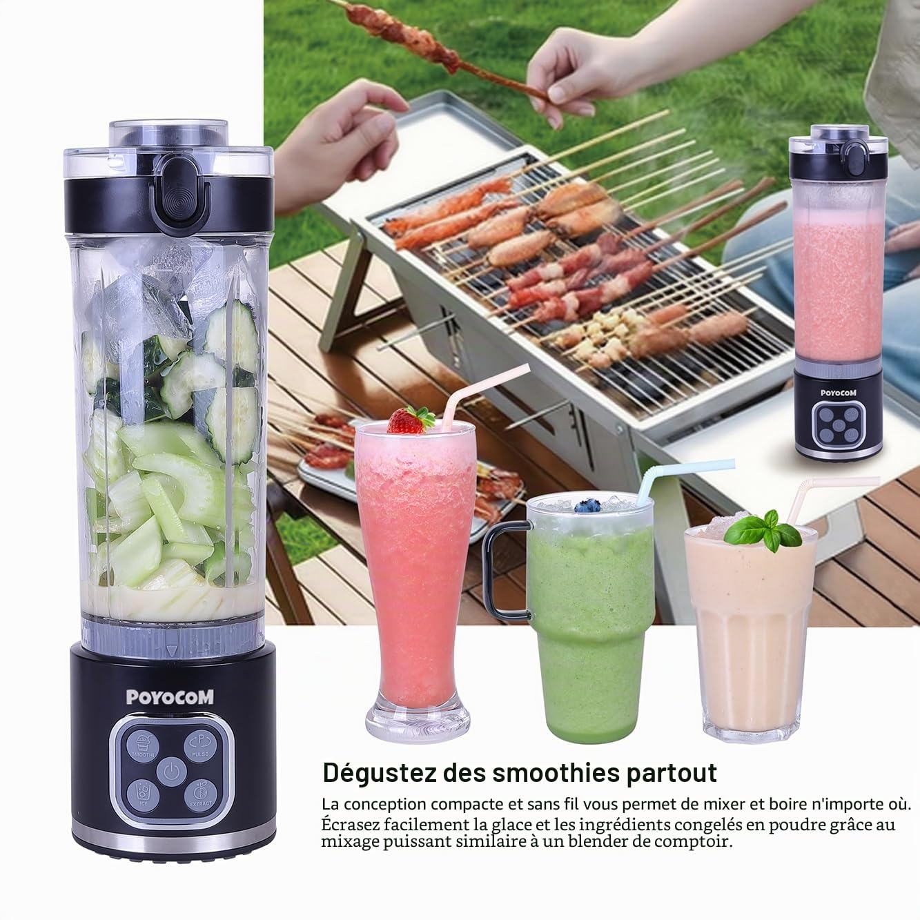 Mélangeur mini sans fil, récipient amovible de 739 ml, puissant mélangeur portable, pour smoothies, broyage de glace, 4 programmes, couvercle anti-fuites et bec verseur, rechargeable par USB-C