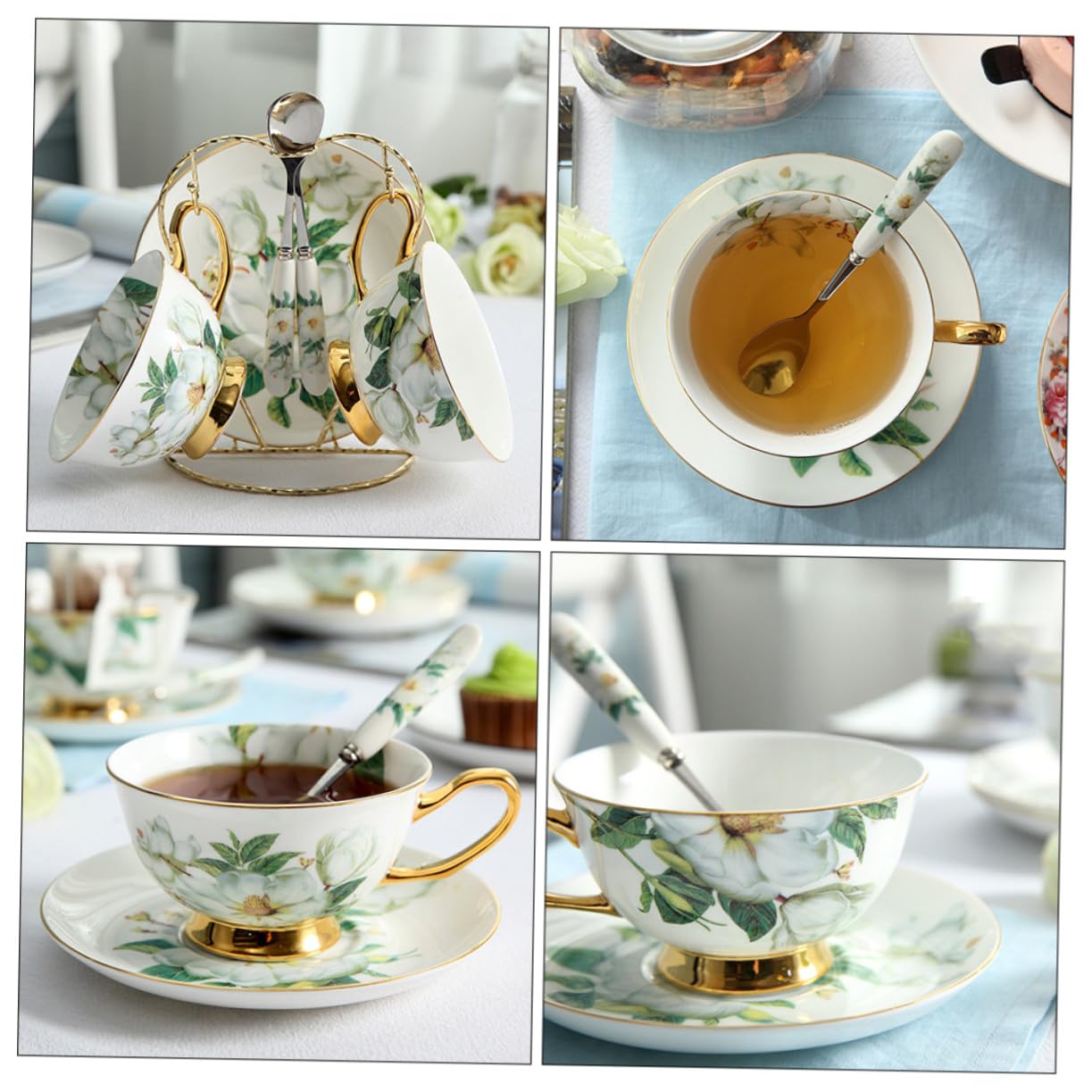 Gatuida Set 2 Tazze e Piattini da Tè in Ceramica Creativa Cucchiaino e Supporto, Tazze da Caffè Latte Impugnatura Comoda, Adatte per Pomeriggi di Tè e Riunioni di Famiglia