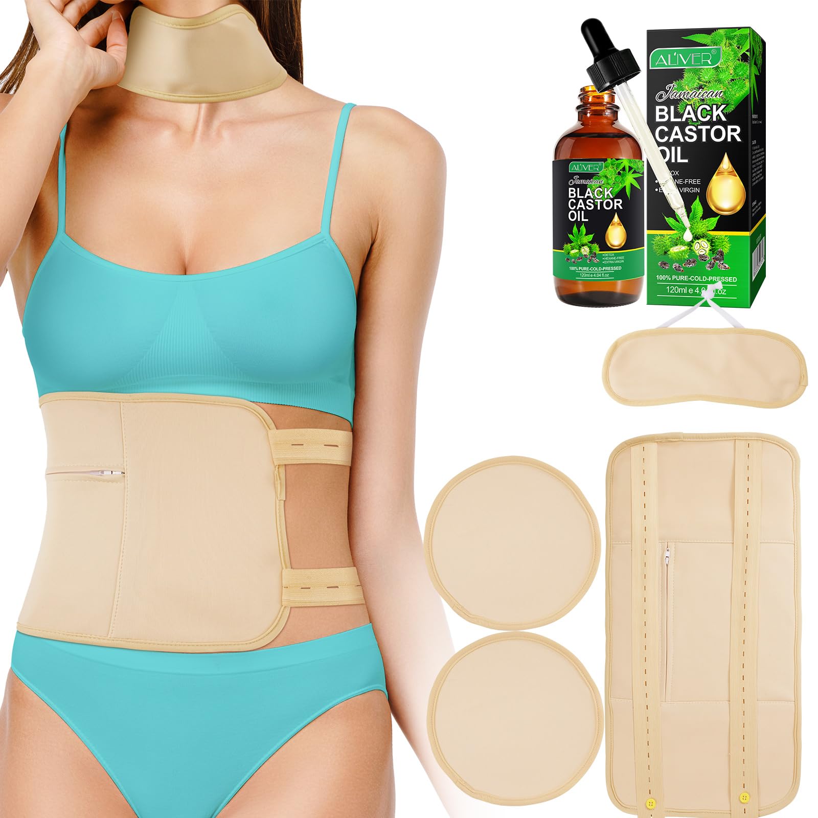 Photo 1 of Castor Oil Pack Wrap Waist Neck and Chest Castor Oil Packs for Liver,Jamaican Black Castor Oil Reusable Castor Oil Pack Kit with Adjustable Strap,Castor Oil Pack Aid Sleep,Khaki