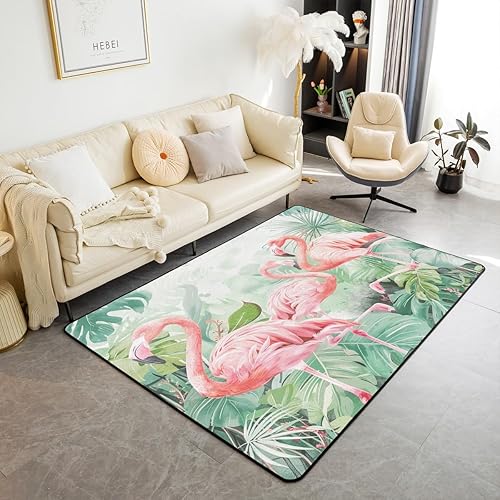 jejeloiu Alfombras de flamenco para sala de estar, dormitorio, diseño tropical de flamenco, decoración de animales, hojas de palmera tropicales,