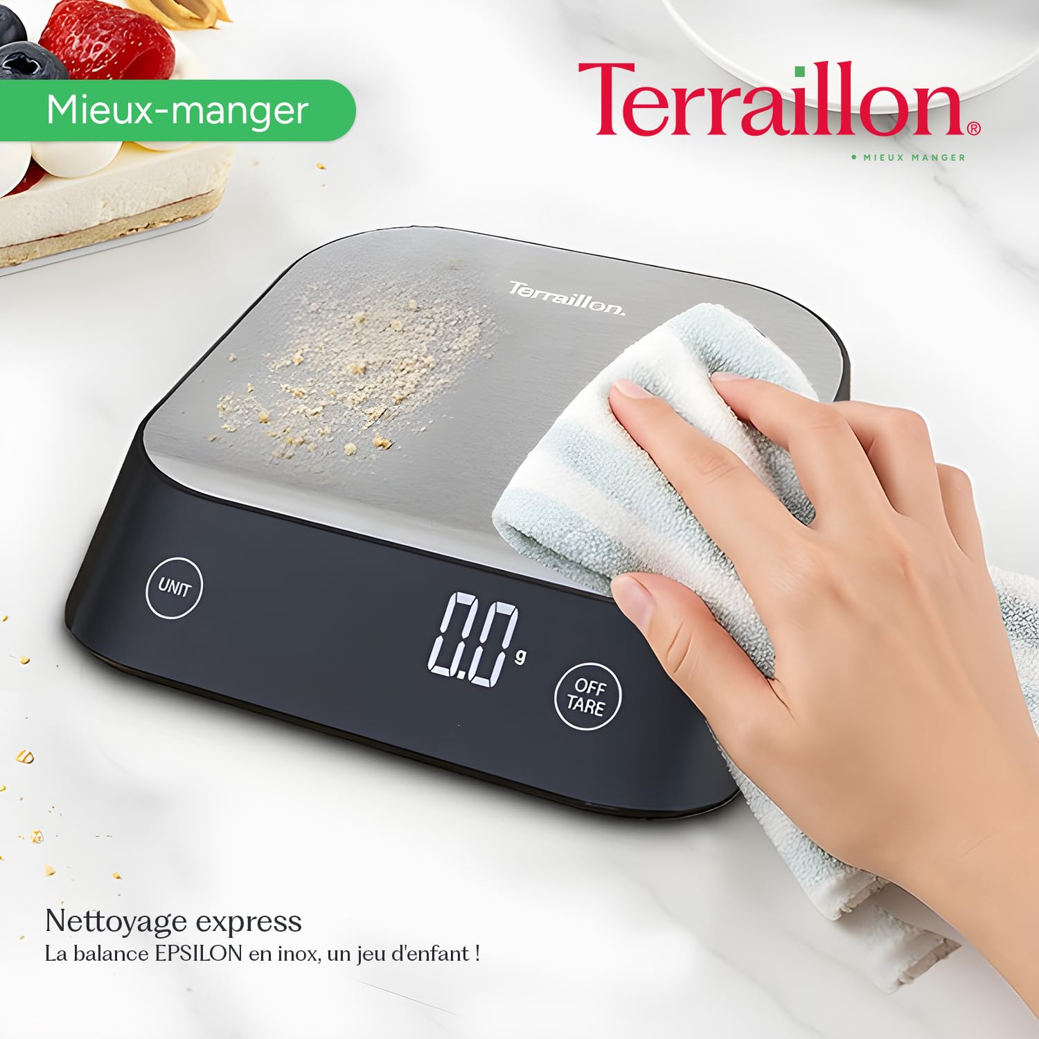 TERRAILLON - EPSILON - Balance de cuisine électronique de précision, Compacte, Capacité 5 Kg, Graduation dynamique 0,1g-0,5g-1g, Ecran LCD rétroéclairé, Inox