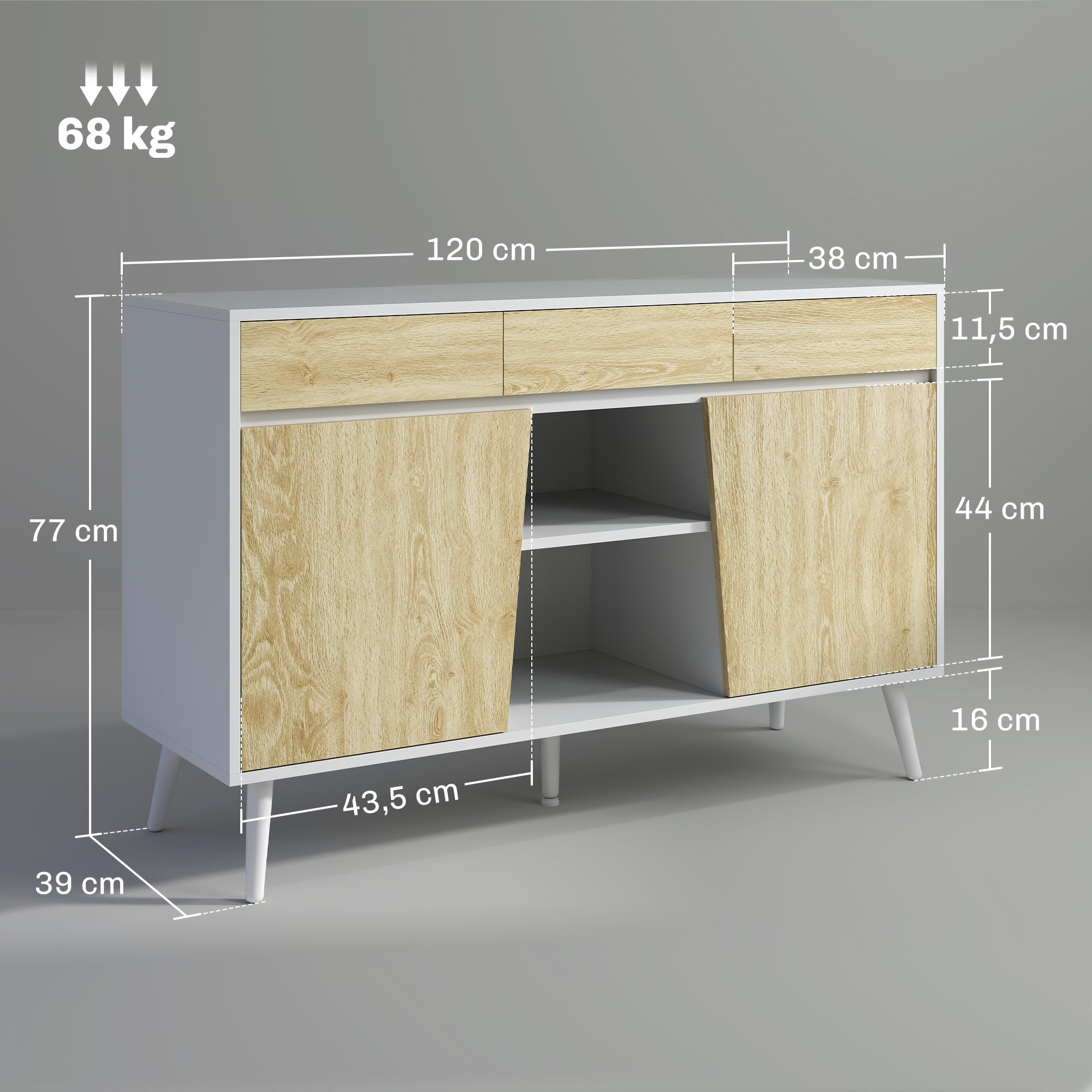 HOMCOM Aparador de 2 Puertas con 3 Cajones 120x39x77 cm Blanco y Natural | Aparador de Salón, Estantes, Mueble para TV, para Dormitorio, Sala de Estar