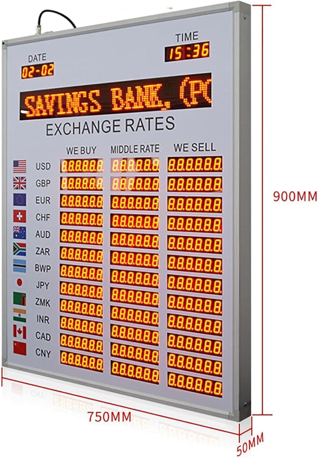 銀行金利表示、LED世界為替レート時計、外国為替価格画面、自動時間更新および