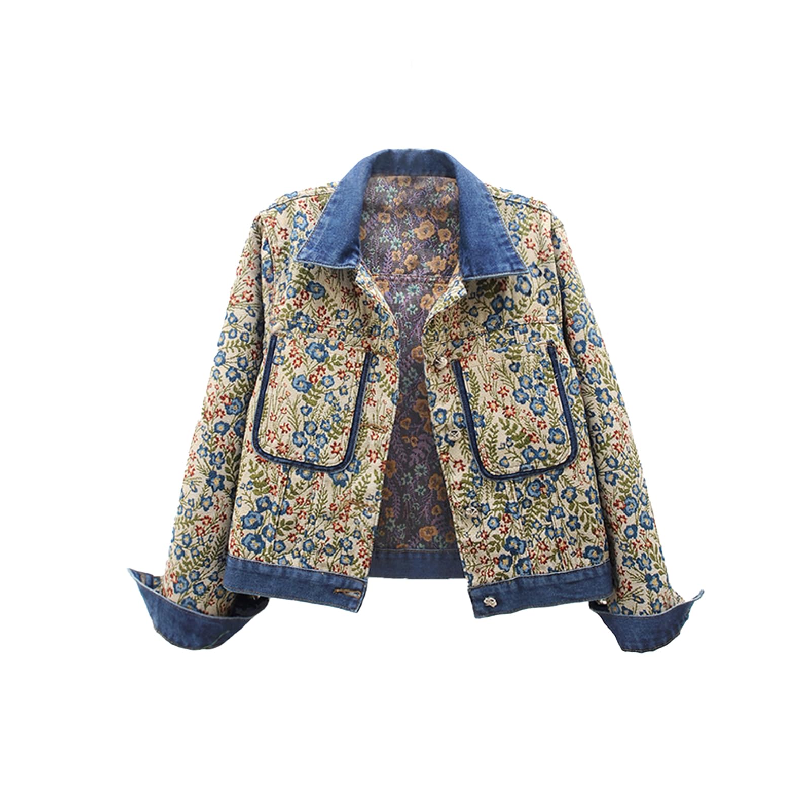 Genérico Moda para Mujer Patrón Floral Retro Solapa Clásica Versátil Chaqueta De Mezclilla Recortada Primavera Y Otoño Elegante Tendencia Callejera Chaqueta De Manga Larga