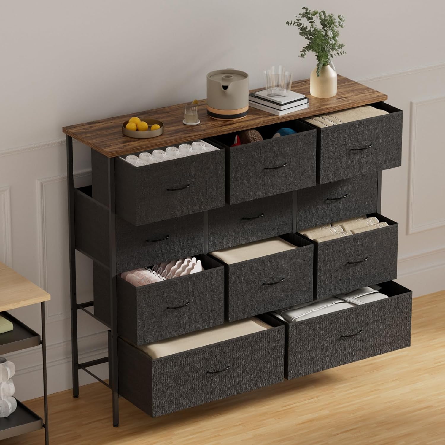 43.3" Wide Fabric Dresser for Bedroom, Chest of Drawers with 11 Deep Drawers, Multi-Drawers TV Stand TV Console, Storage Organizer for Closet, Nursery (Black)