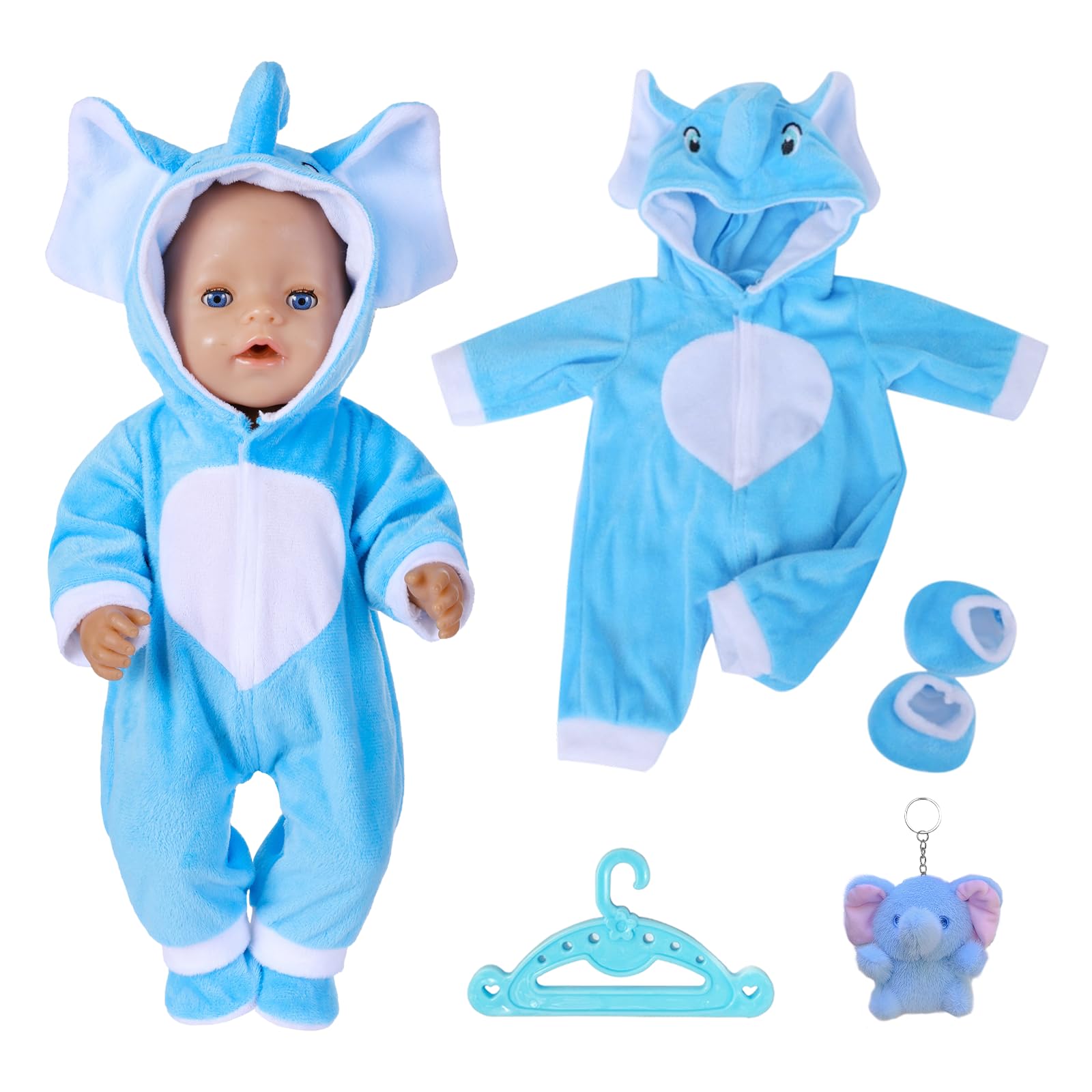 Puppenkleidung für Baby Puppen 35-43 cm, 4 Stuck Puppenkleidung Outfit, 1 Blau Elefanten Strampler, 1 Paar Socken, 1 Elefantenpuppe, 1 Kleiderbügel, Puppenkleidungsset für Kinder Mädchen und Jungen