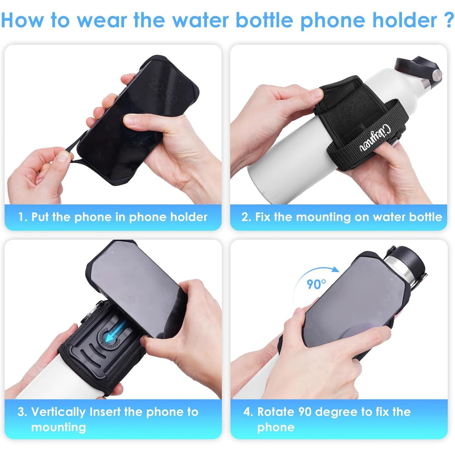 Cikyner Cinghia Bottiglia Acqua con Maniglia, 360° Girevole per Cellulare | Supporto rimovibile per bottiglie da 5-9 cm e telefoni 4,5-7". Ideale per palestra, corsa e allenamento