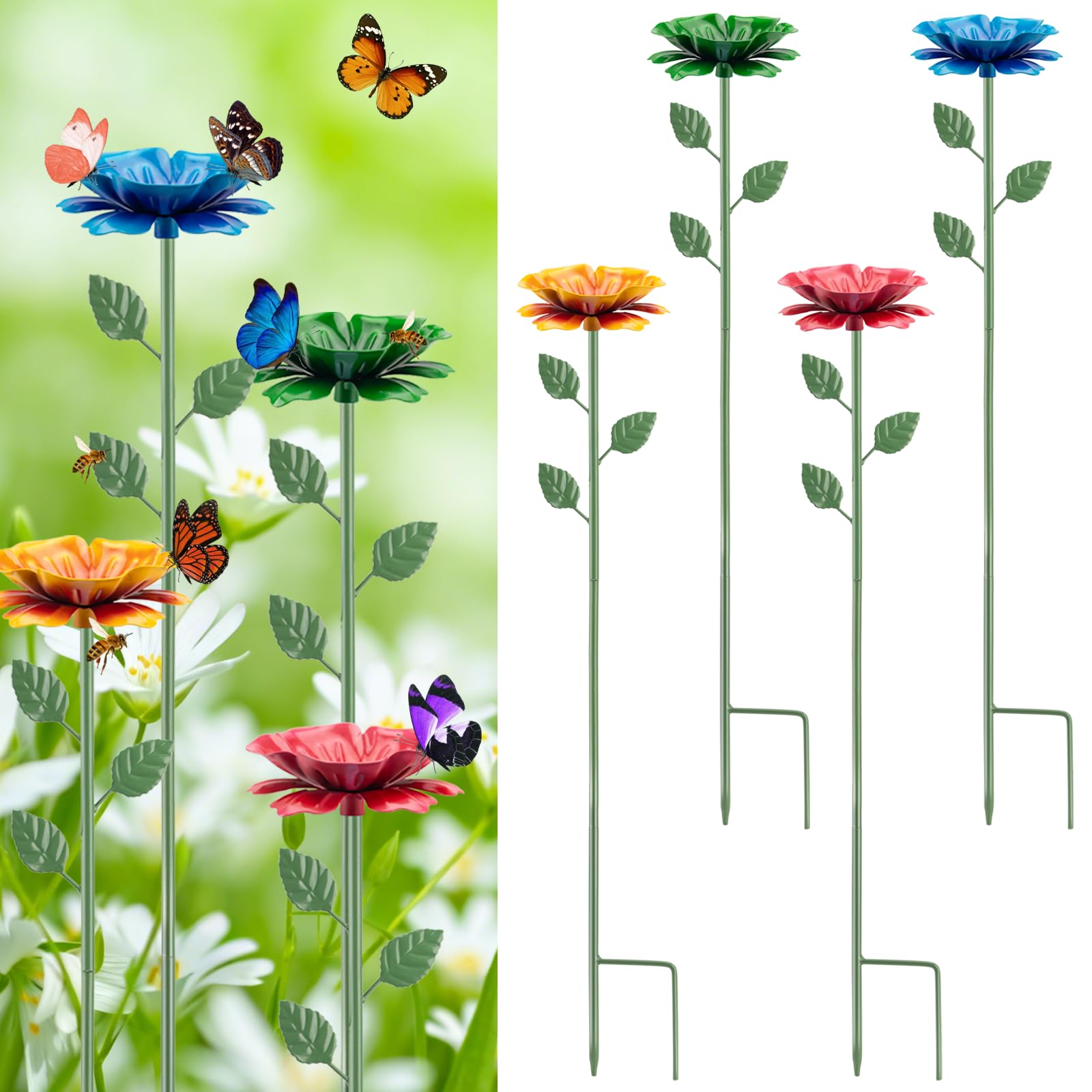4PCS Bee Watering Station, Bee Feeder for Garden Metal Butterfly Water Feeder Colorful Flower Design Bath Bowl with Glass Beads for Pollinators Outdoor Garden Yard