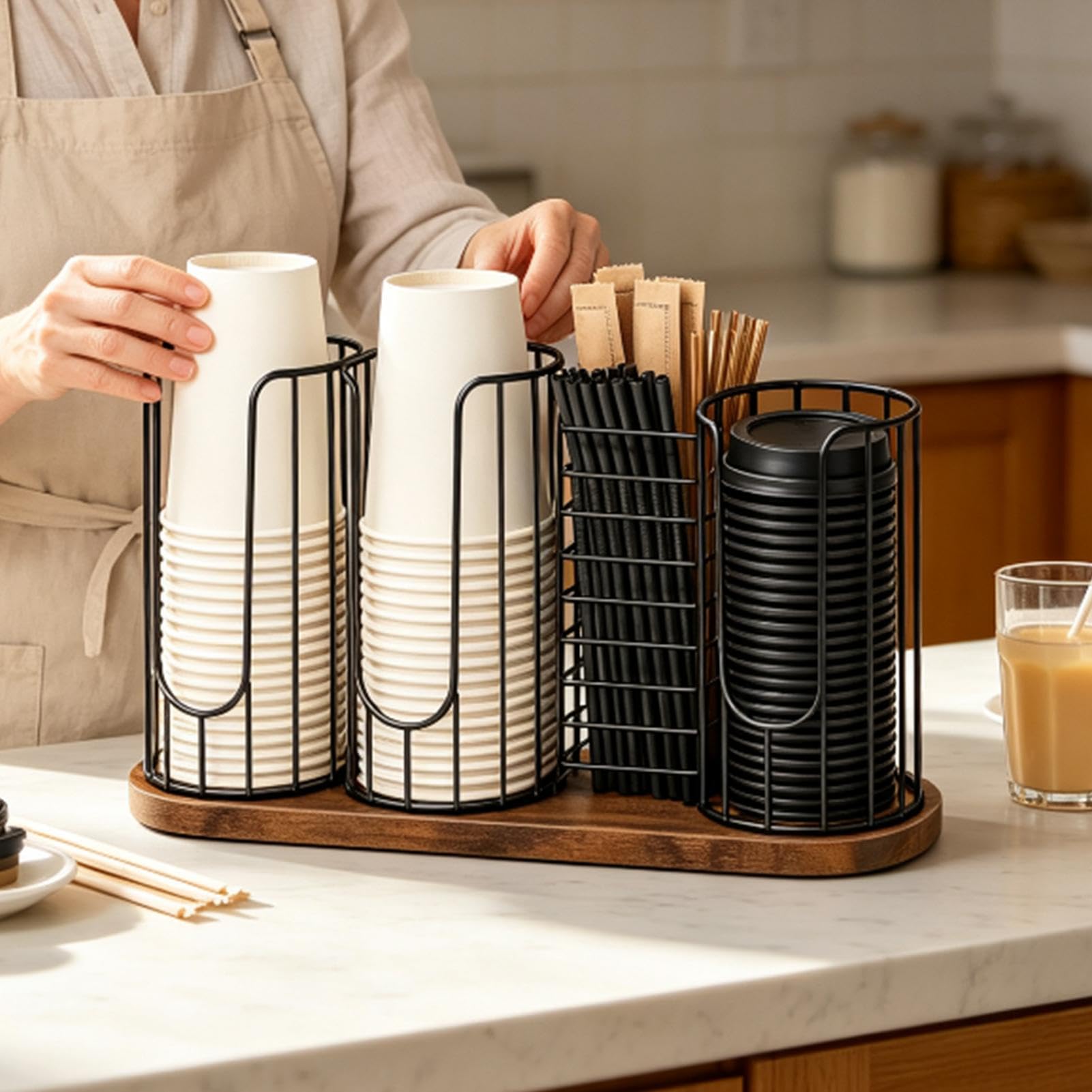 Organizador de tazas de café con 4 compartimentos y base de madera